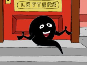 Thomas Comma Seated on Stoop. From the animated film by Ken Kimmelman, based on a story by poet Martha Baird,